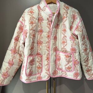 Floral Quilted Women's Jacket - Pink and White